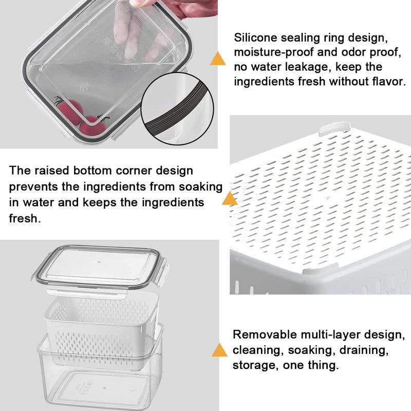 Ronanemon 3Pack Fridge Food Storage Container Set with Lids with Strainer Plastic Fresh Produce Saver Vegetable Fruit Meat Storage Organization  BPA-Free Plastic Produce Keepers(3.15L+1.7L+0.8L) - Image 5